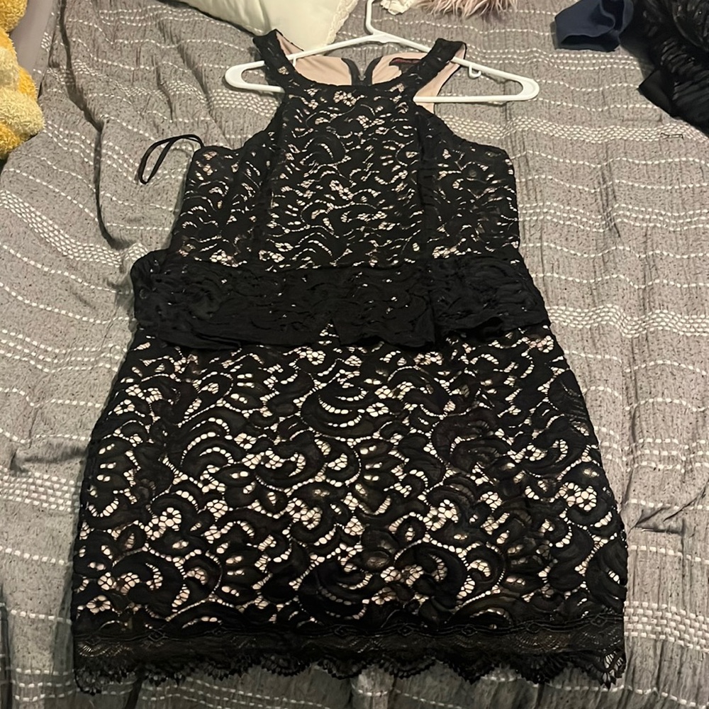 Black and tan lace high neck dress